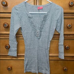 Stylish Gray V-Neck Long Sleeve Top